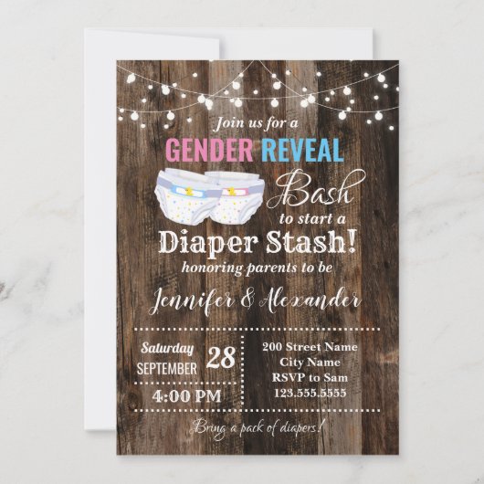 Gender Reveal Bash zu Beginn eines Diaper Stash Einladung (Vorderseite)