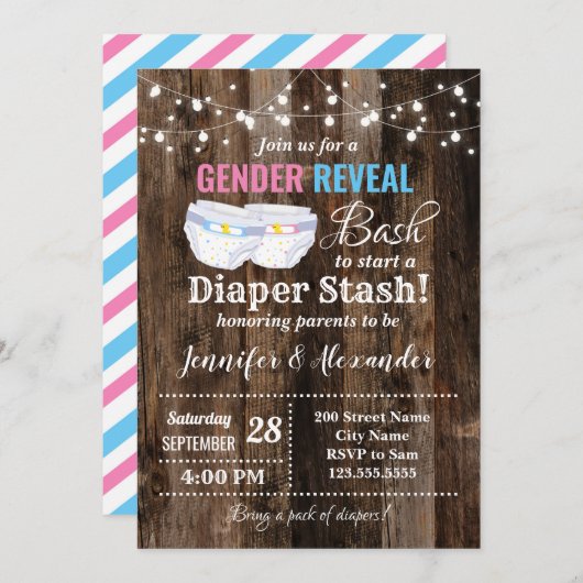 Gender Reveal Bash zu Beginn eines Diaper Stash Einladung (Vorne/Hinten)