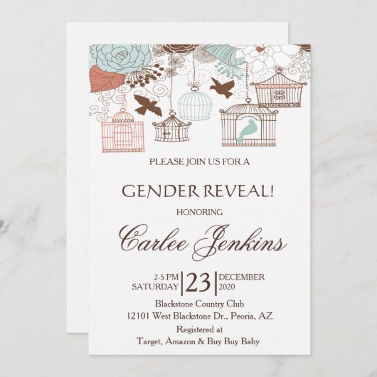 Gender Reveal Bird Cages Baby Shower Invite Einladung (Vorne/Hinten)