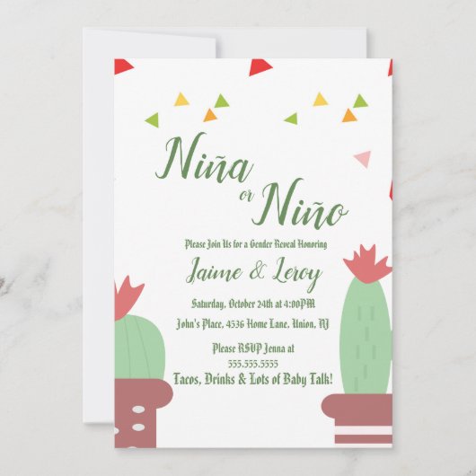 Gender Reveal Cactus Niña Niño Fiesta Einladung (Vorderseite)