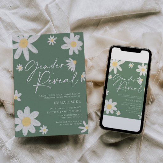 Gender Reveal Daisy Sage Green Einladung