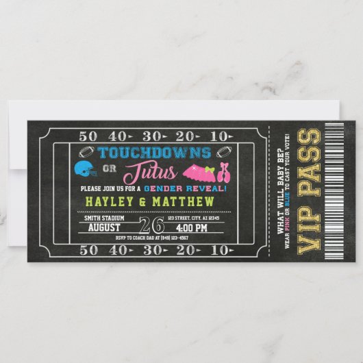Gender Reveal Football Ticket Touchdown oder Tutus Einladung (Vorderseite)