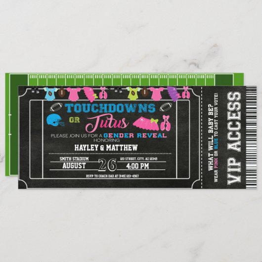 Gender Reveal Football Ticket Touchdown oder Tutus Einladung (Vorne/Hinten)
