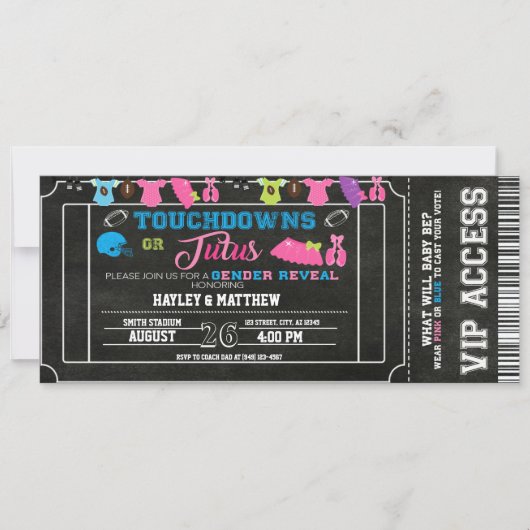 Gender Reveal Football Ticket Touchdown oder Tutus Einladung (Vorderseite)