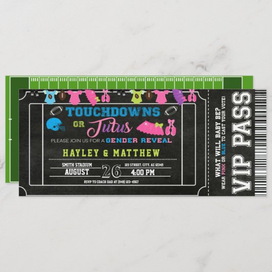 Gender Reveal Football Ticket Touchdown oder Tutus Einladung (Vorne/Hinten)