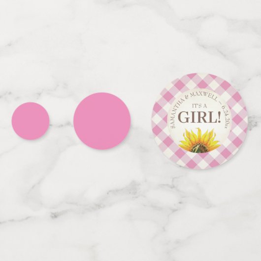 Gender Reveal Gingham und Sunflower Baby Q Konfetti (Rückseiten)