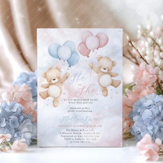 Gender Reveal He or She Bear Balloon Invitation Einladung
