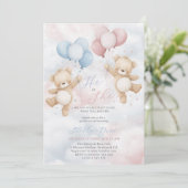 Gender Reveal He or She Bear Balloon Invitation Einladung (Stehend Vorderseite)