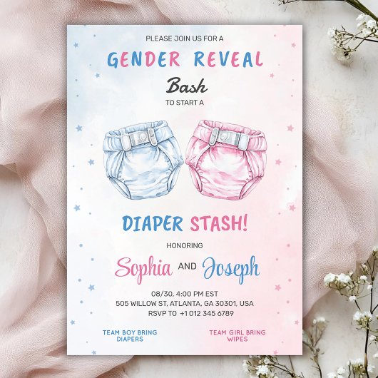 Gender reveal invitation with "Bash" and "Diaper Einladung