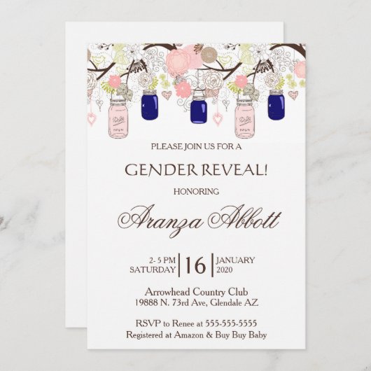 Gender Reveal Mason Jars Baby Shower Einladung (Vorne/Hinten)