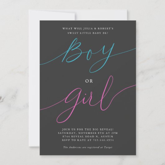 Gender Reveal Party Boy oder Girl Modern Script gr Einladung (Vorderseite)