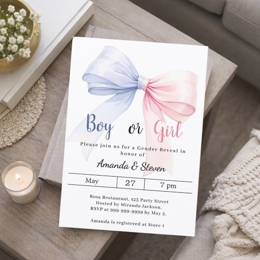Gender reveal pink blue bow boy girl einladung
