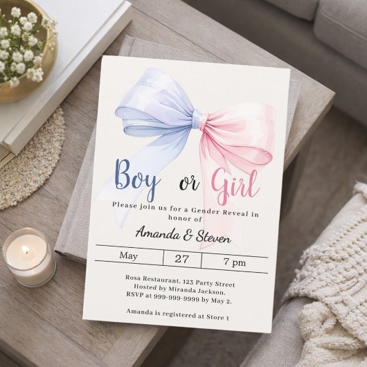 Gender reveal pink blue bow ivory boy girl einladung