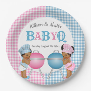 Gender Reveal Pink Blue Gingham Baby Q BBQ Pappteller