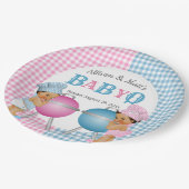 Gender Reveal Pink Blue Gingham Baby Q GRILLEN Pappteller (Schrägansicht)