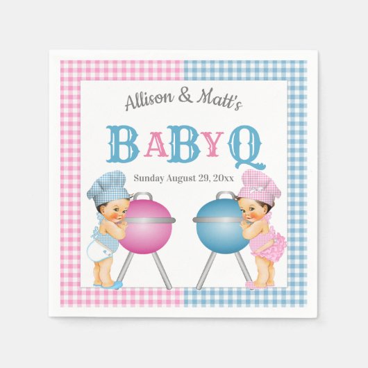 Gender Reveal Pink Blue Gingham Baby Q GRILLEN Serviette (Vorderseite)