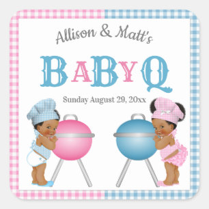 Gender Reveal Pink Blue Gingham BabyQ GRILLEN Quadratischer Aufkleber