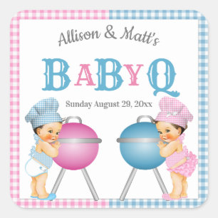 Gender Reveal Pink Blue Gingham BabyQ GRILLEN Quadratischer Aufkleber