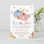 Gender Reveal Pumpkin Baby Shower Einladung (Stehend Vorderseite)