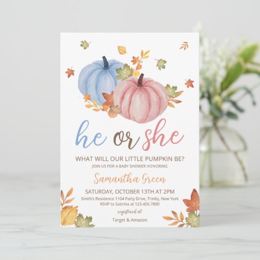 Gender Reveal Pumpkin Baby Shower Einladung (Stehend Vorderseite)