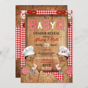 Gender Reveal Red Gingham Wood Baby Q Barbecue Einladung