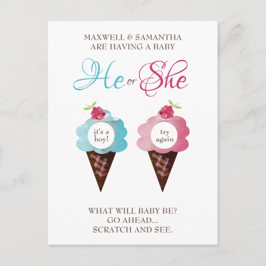 Gender Reveal Scratcher (kein echter Kratzer) Ankündigungspostkarte (Vorderseite)