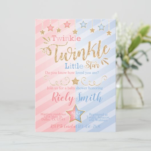 Gender Reveal Twinkle Little Star Baby Shower Einladung (Stehend Vorderseite)