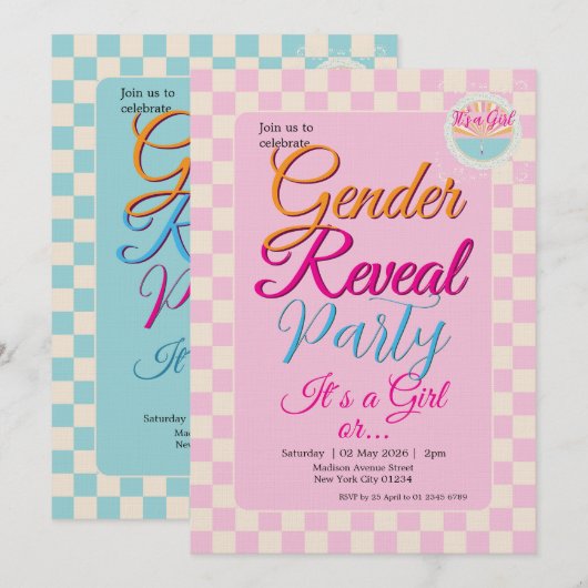 Gender Reveal Two-Sided Blue-Pink Plaid Checkered Einladung (Vorne/Hinten)