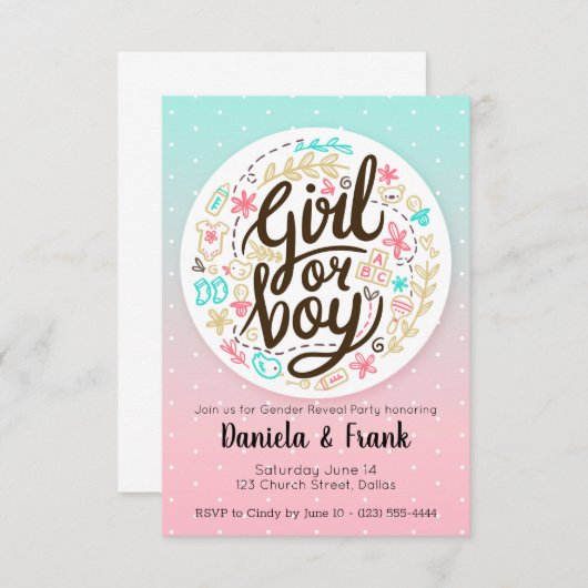 Gender Reveve Invitation Baby Shower Boy oder Mädc RSVP Karte (Vorne/Hinten)