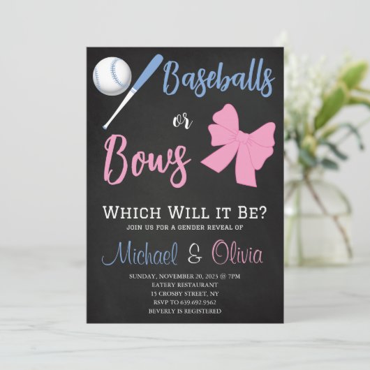 Genderdarstellung bei Baseballs oder Bows Einladung (Stehend Vorderseite)