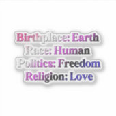 Genderfluid Stolz - Geburtsort: Erde. Rasse: Mensc Aufkleber (Vorderseite)