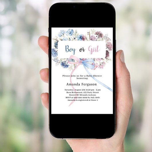 Gener enthüllt Party blauen rosa Blüten Bogen Jung Einladung