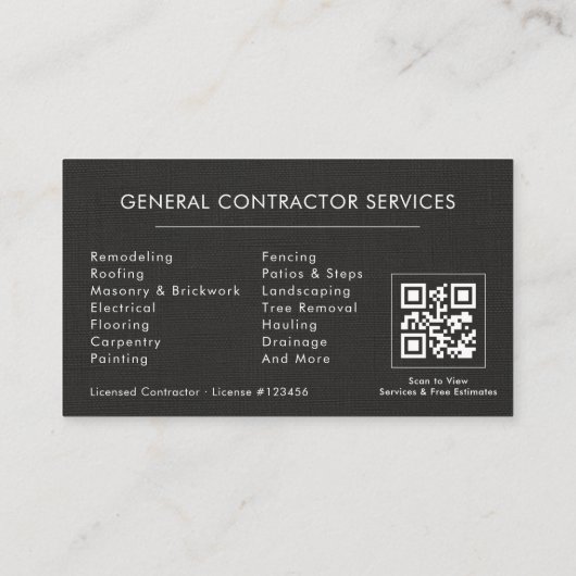 General Construction Black Silver Linen QR Code Visitenkarte (Rückseite)
