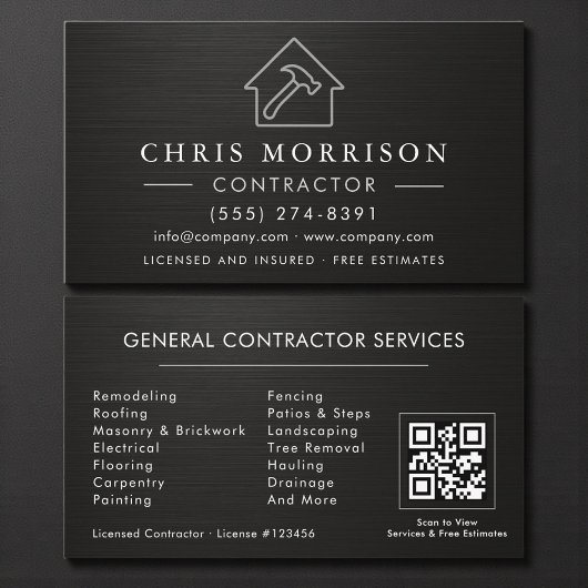 General Construction Black Silver Metallic QR Code Visitenkarte