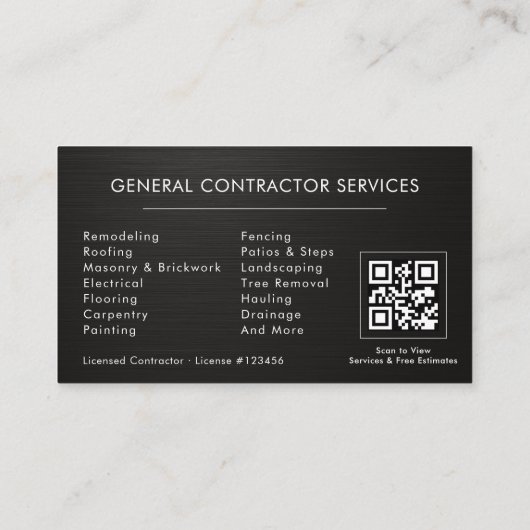 General Construction Black Silver Metallic QR Code Visitenkarte (Rückseite)