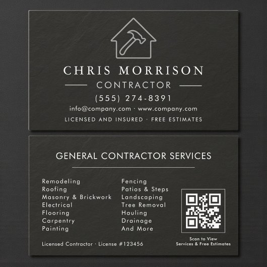 General Construction Black Silver Stone QR Code Visitenkarte