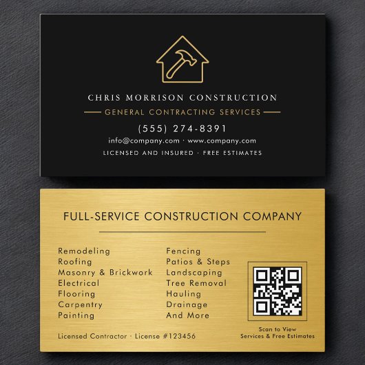 General Contractor Metallic Gold & Black QR Code Visitenkarte