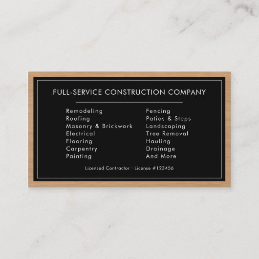 General Contractor Modern Silver & Black Wood Visitenkarte (Rückseite)