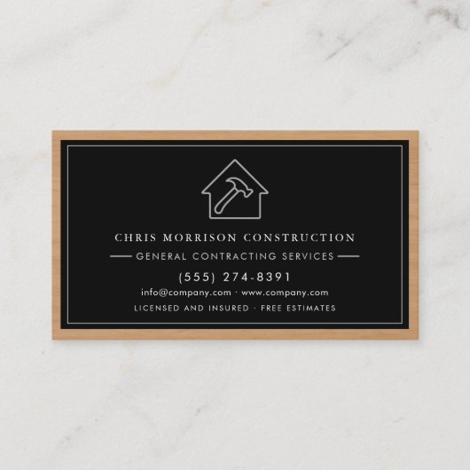 General Contractor Modern Silver & Black Wood Visitenkarte (Vorderseite)
