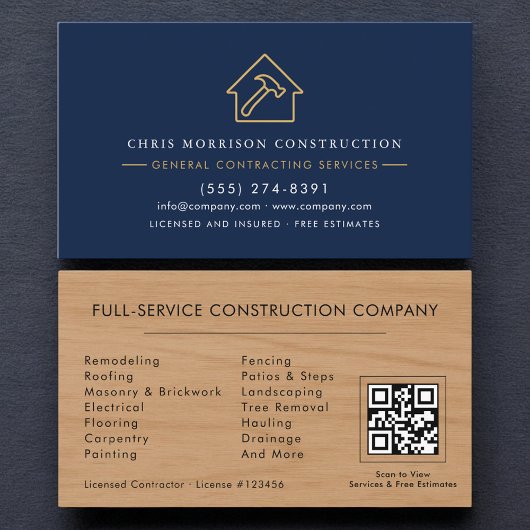 General Contractor Navy Blue Wood QR Code Visitenkarte