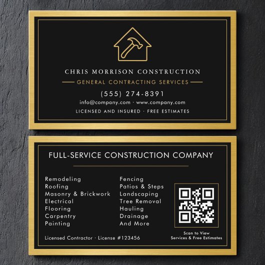General Contractor QR Code Black & Gold Metallic Visitenkarte