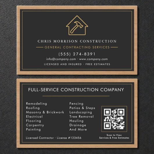 General Contractor Wood QR Code Black Gold  Visitenkarte