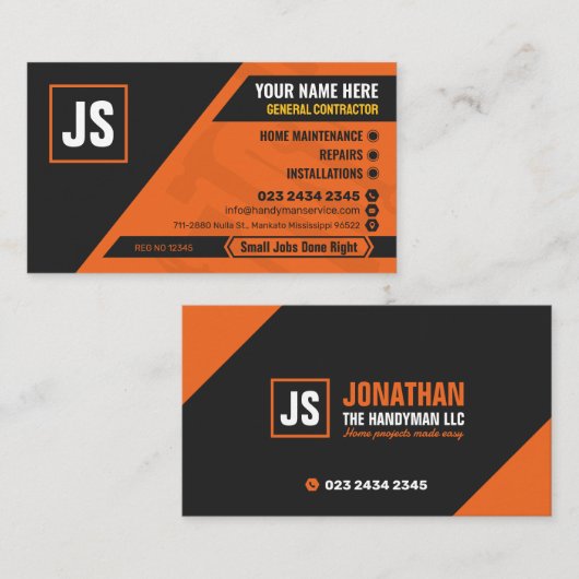 Generalunternehmer, Handyman-Dienst, Bauwesen Visitenkarte (Vorne/Hinten)
