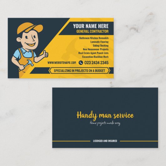 Generalunternehmer, Handyman-Dienst, Bauwesen Visitenkarte (Vorne/Hinten)