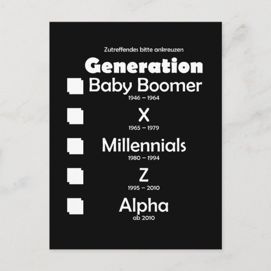 Generationen Baby Boomer, X, Y, Millennials, Z, Al Postkarte (Vorderseite)