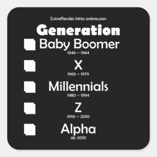 Generationen Baby Boomer, X, Y, Millennials, Z, Al Quadratischer Aufkleber