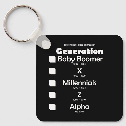 Generationen Baby Boomer, X, Y, Millennials, Z, Al Schlüsselanhänger (Vorderseite)