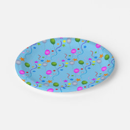 Generische festliche Ballons und Streamer auf BLAU Pappteller