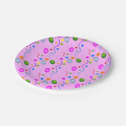 Generische festliche Ballons und Streamer auf PINK Pappteller (Schrägansicht)