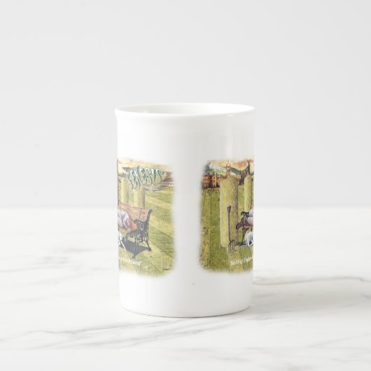 Genese, die England durch das Pfund verkauft Porzellantasse (Vorderseite)